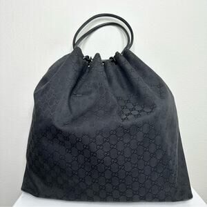 GUCCI GG Monogram Black Canvas Drawstring Large Bucket Bag Tote